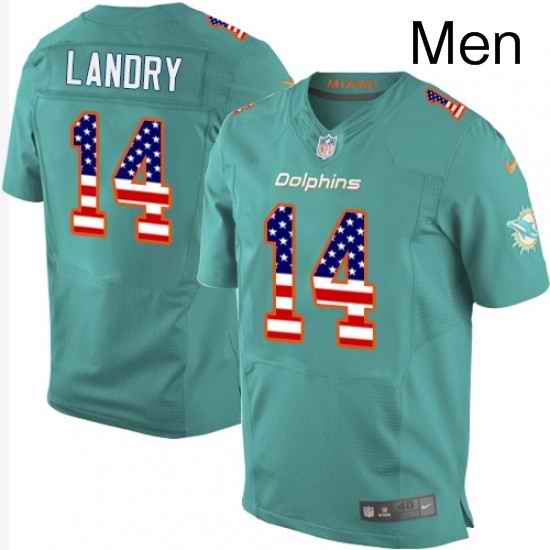Mens Nike Miami Dolphins 14 Jarvis Landry Elite Aqua Green Home USA Flag Fashion NFL Jersey
